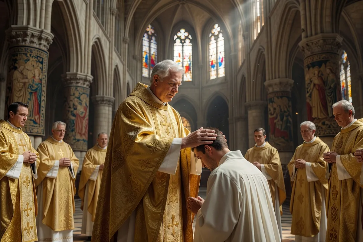 Ordination d'un diacre par imposition des mains de l'évêque dans une église