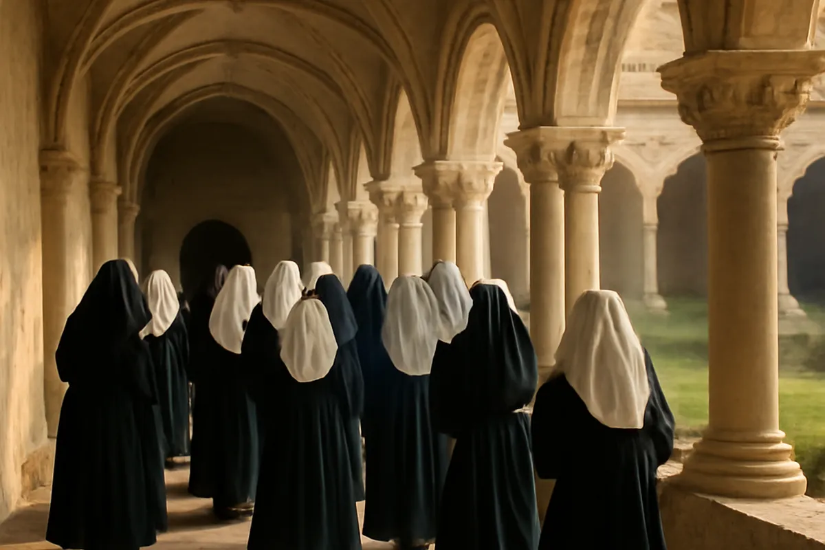 Moniales en procession dans un cloître médiéval en pierre