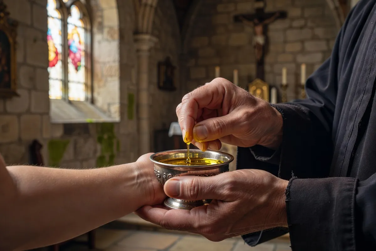 Prêtre en visite auprès d'un malade, huile sainte et rituel de prière