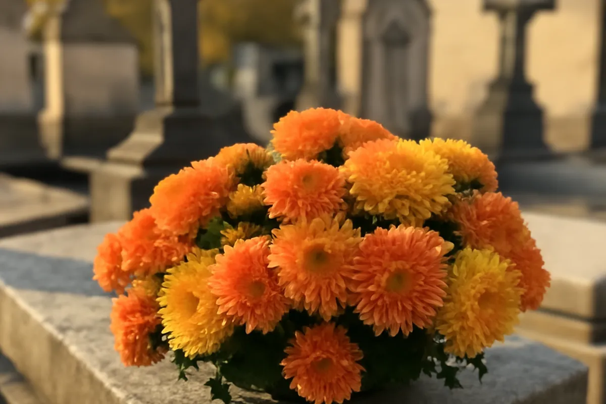 Tombes fleuries de chrysanthèmes dans un cimetière français en automne