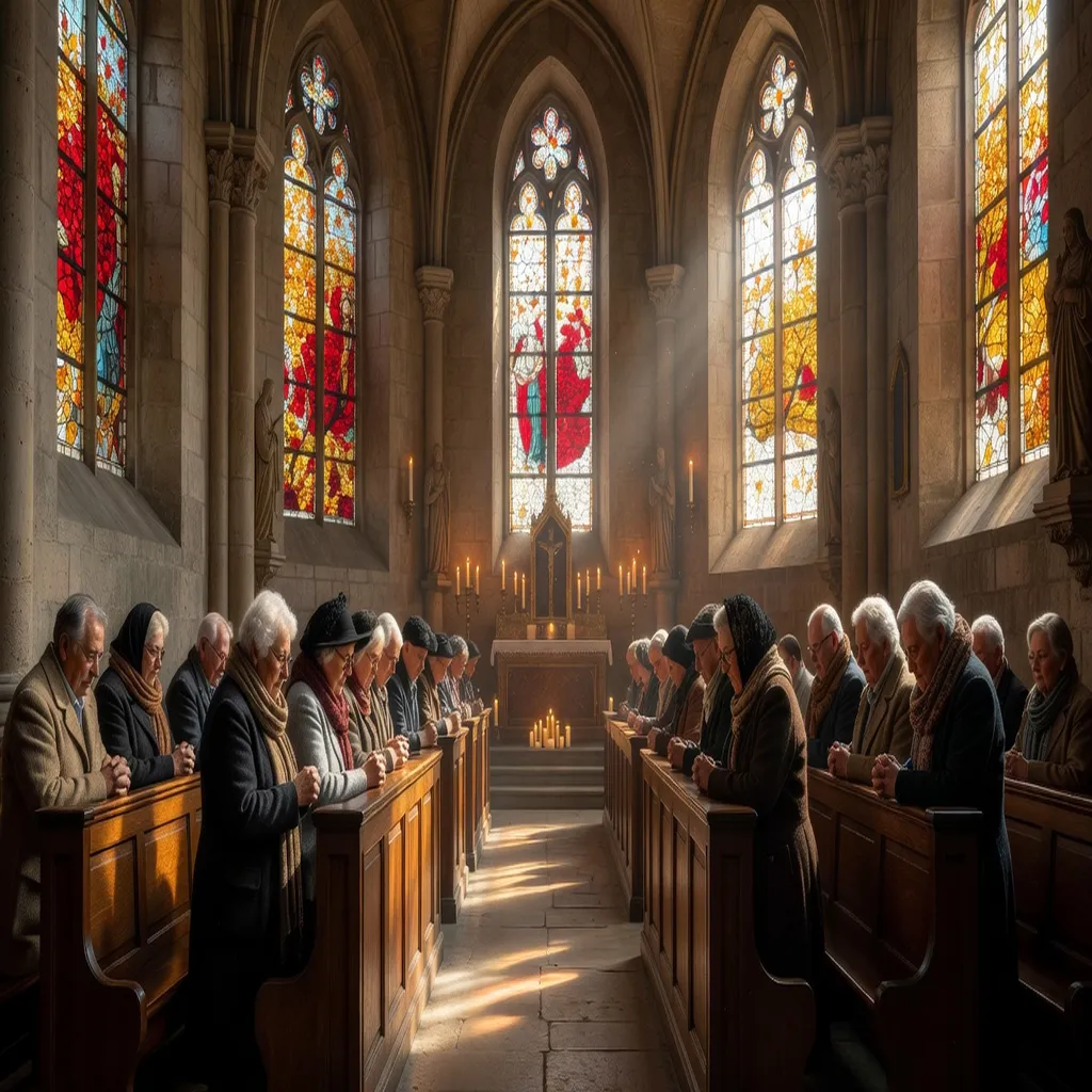 Fidèles recueillis pendant une messe de la Toussaint dans une église