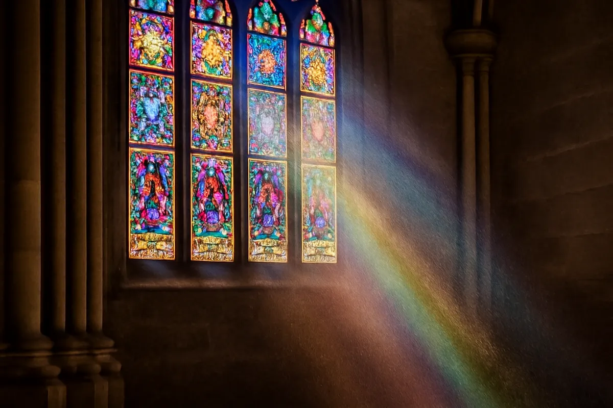 Vitraux gothiques colorés projetant une lumière multicolore dans une nef d'église